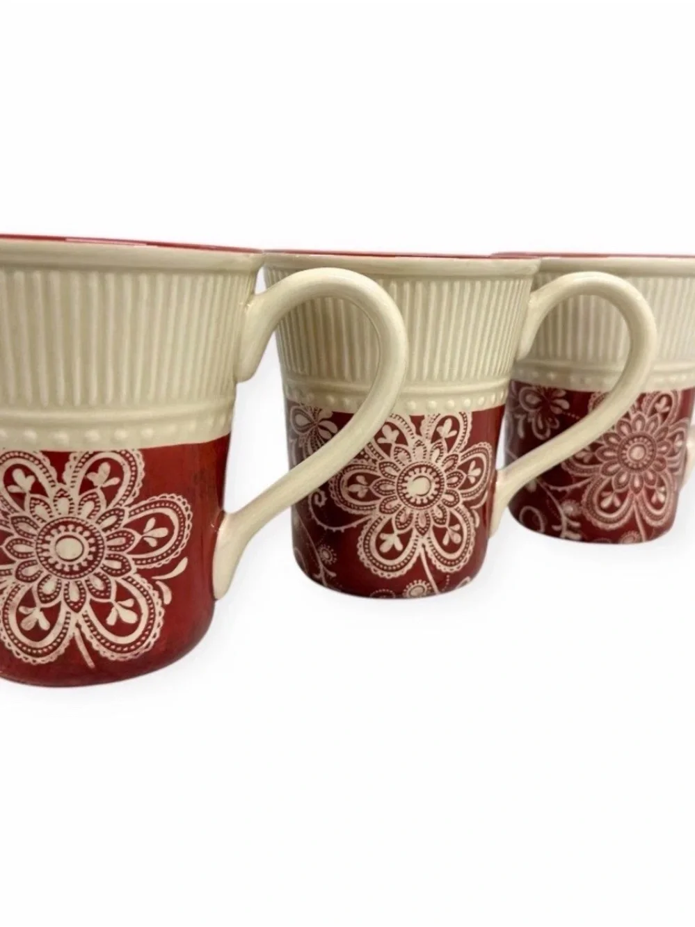 Pier 1 Imports Maribeth Ironstone Mugs Set of 3 Burgundy Cream Floral Cups